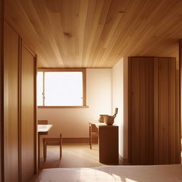 A minimalist room filled with tastefully placed wooden furniture, bathed in soft, natural light