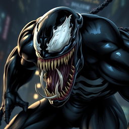 A detailed and dynamic portrayal of Venom, the iconic black symbiote character from Marvel Comics
