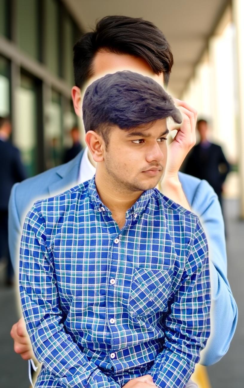 A young man sitting in a corporate setting, dressed in formal attire