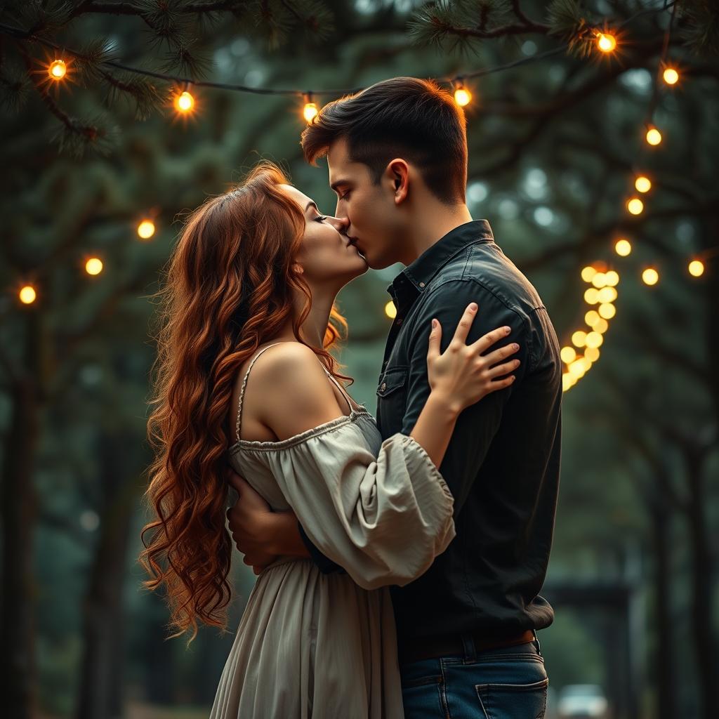 A stunning romance book cover featuring a couple embracing in a deep, passionate kiss under a serene canopy of pine trees