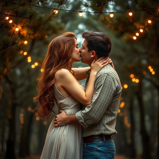 A stunning romance book cover featuring a couple embracing in a deep, passionate kiss under a serene canopy of pine trees
