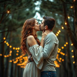 A stunning romance book cover featuring a couple embracing in a deep, passionate kiss under a serene canopy of pine trees