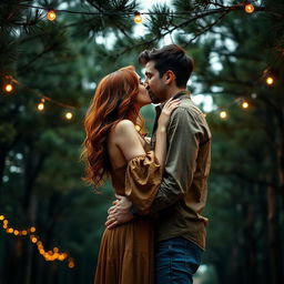 A stunning romance book cover featuring a couple embracing in a deep, passionate kiss under a serene canopy of pine trees