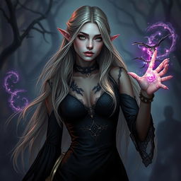 A female eladrin in a horror setting, portrayed in a stunning portrait style