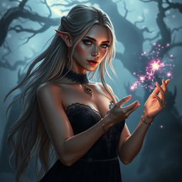 A female eladrin in a horror setting, portrayed in a stunning portrait style