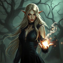 A female eladrin in a horror setting, portrayed in a stunning portrait style