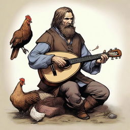 A detailed, high-quality illustration showcases a dirty vagrant bard playing a lute