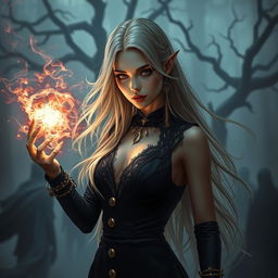 A female eladrin in a horror setting, portrayed in a stunning portrait style