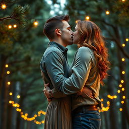 A stunning romance book cover featuring a couple passionately embracing in a deep kiss under a serene canopy of pine trees
