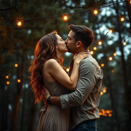 A stunning romance book cover featuring a couple passionately embracing in a deep kiss under a serene canopy of pine trees
