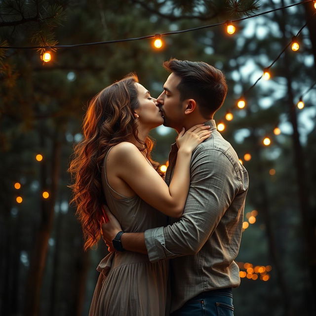 A stunning romance book cover featuring a couple passionately embracing in a deep kiss under a serene canopy of pine trees