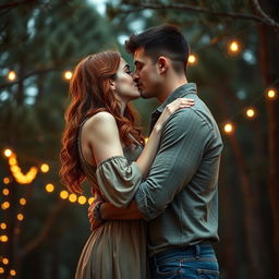A stunning romance book cover featuring a couple passionately embracing in a deep kiss under a serene canopy of pine trees