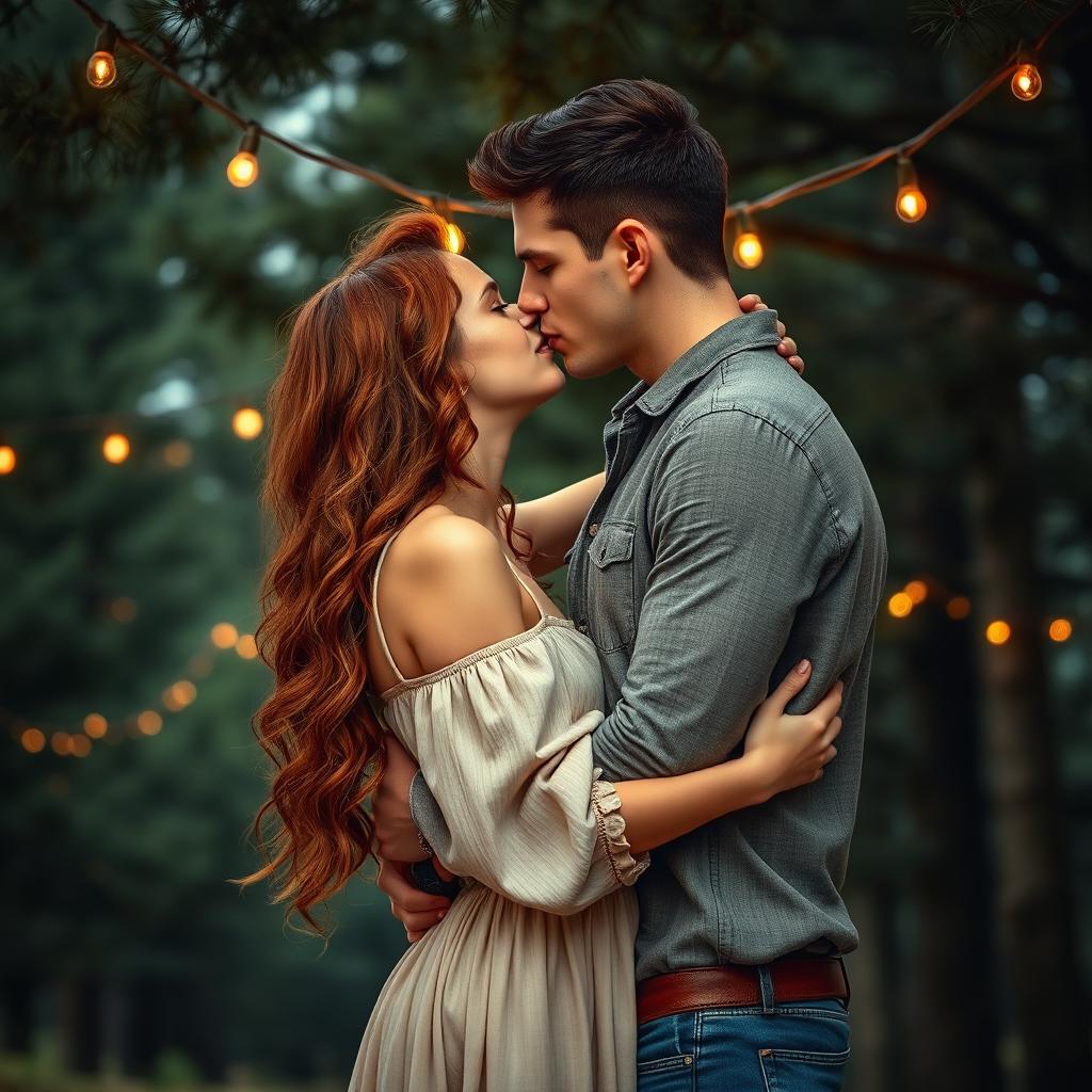 A stunning romance book cover featuring a couple passionately embracing in a deep kiss under a serene canopy of pine trees