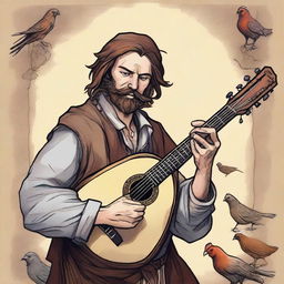 A detailed, high-quality illustration showcases a dirty vagrant bard playing a lute