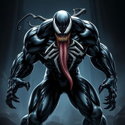 A striking image of a black Venom character, showcasing a muscular, menacing figure with exaggerated proportions, sharp teeth, and a long, lolling tongue