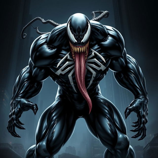 A striking image of a black Venom character, showcasing a muscular, menacing figure with exaggerated proportions, sharp teeth, and a long, lolling tongue