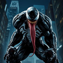 A striking image of a black Venom character, showcasing a muscular, menacing figure with exaggerated proportions, sharp teeth, and a long, lolling tongue