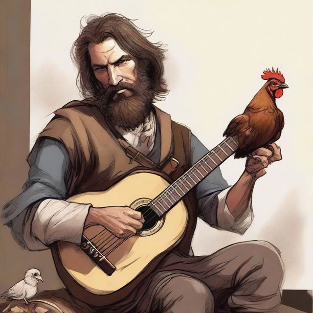 A detailed, high-quality illustration showcases a dirty vagrant bard playing a lute