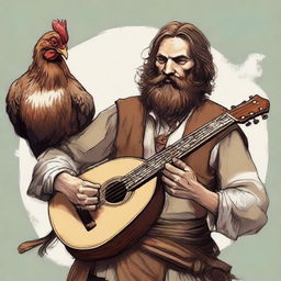 A detailed, high-quality illustration showcases a dirty vagrant bard playing a lute