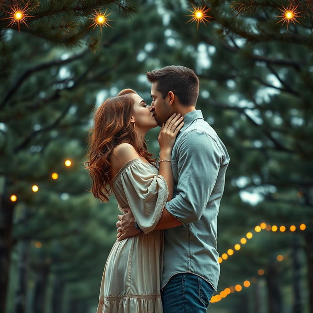 A captivating romance book cover featuring a couple embracing in a deep, passionate kiss under a majestic canopy of pine trees