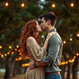 A captivating romance book cover featuring a couple embracing in a deep, passionate kiss under a majestic canopy of pine trees