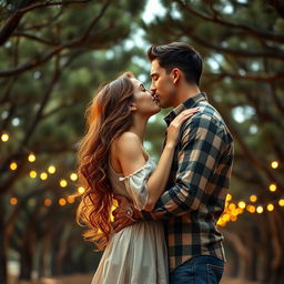 A captivating romance book cover featuring a couple embracing in a deep, passionate kiss under a majestic canopy of pine trees