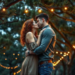 A captivating romance book cover featuring a couple embracing in a deep, passionate kiss under a majestic canopy of pine trees