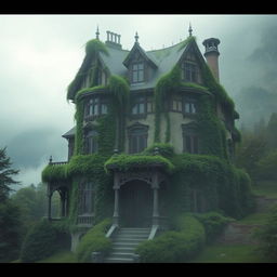 A Victorian mansion, known as 'La Casa de los Susurros,' draped in ivy and shrouded in mist, set in a mountainous village