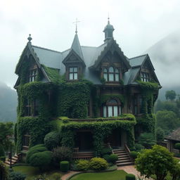 A Victorian mansion, known as 'La Casa de los Susurros,' draped in ivy and shrouded in mist, set in a mountainous village
