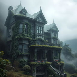 A Victorian mansion, known as 'La Casa de los Susurros,' draped in ivy and shrouded in mist, set in a mountainous village