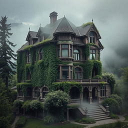 A Victorian mansion, known as 'La Casa de los Susurros,' draped in ivy and shrouded in mist, set in a mountainous village