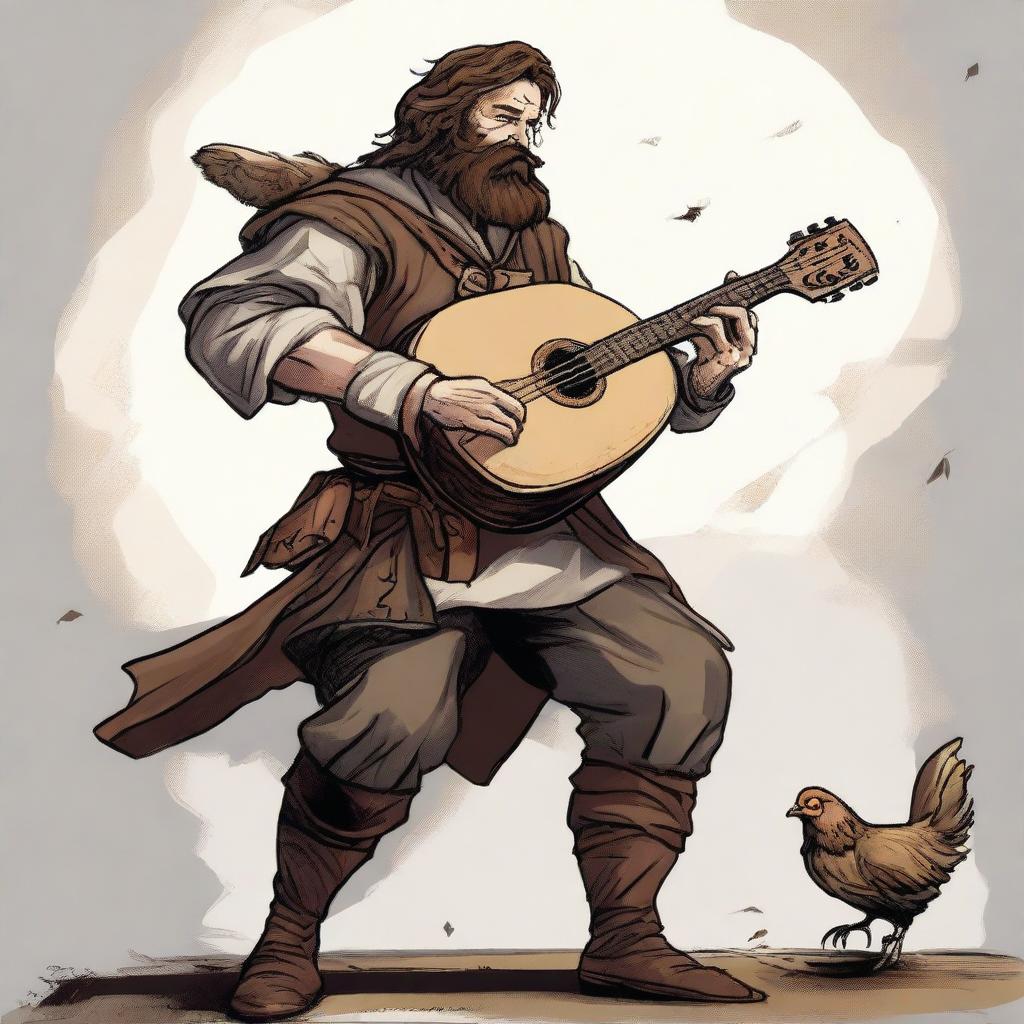 A high-quality illustration depicts a dirty vagrant bard in the midst of combat