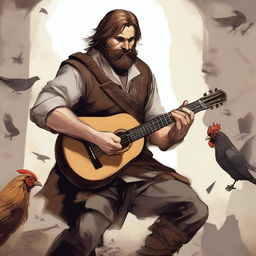 A high-quality illustration depicts a dirty vagrant bard in the midst of combat