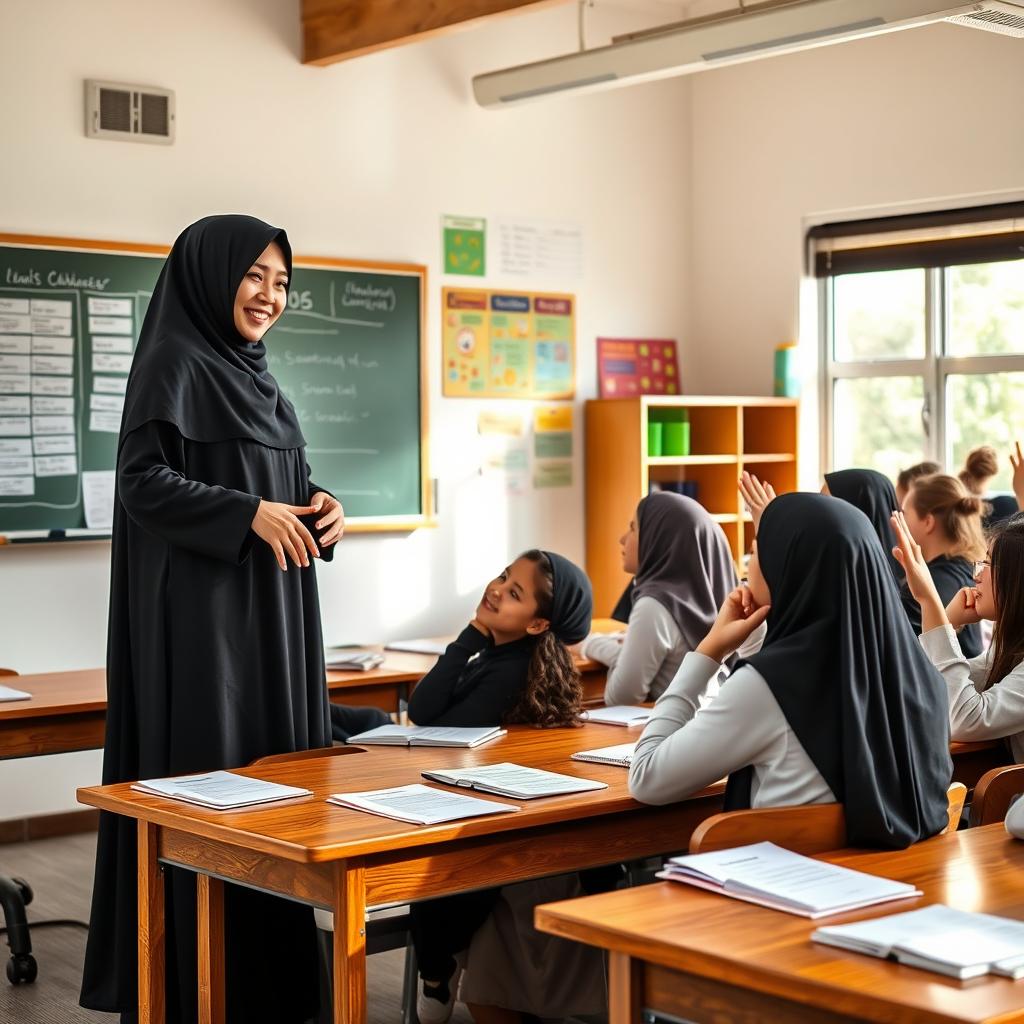 A Muslim teacher wearing elegant black clothing, such as a long black abaya, standing in a classroom filled with diverse high school girls attentively listening