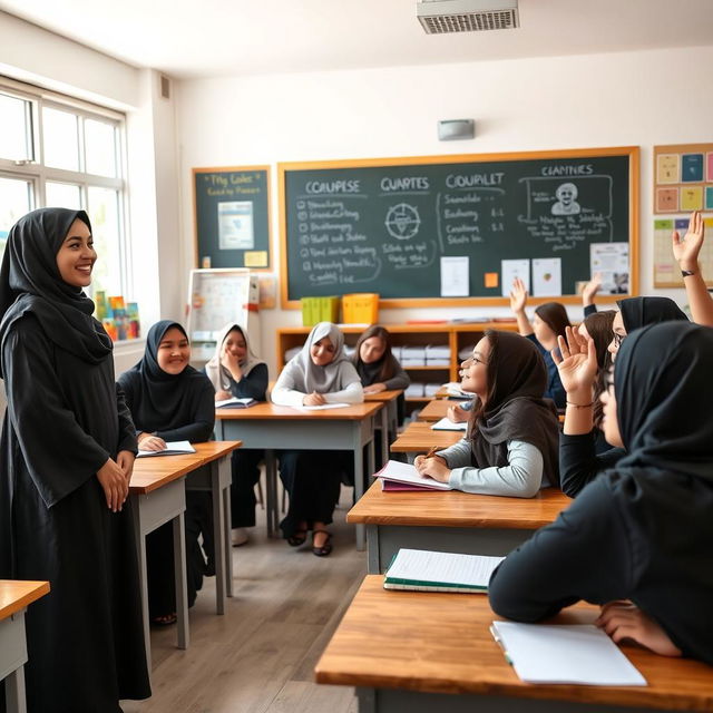 A Muslim teacher wearing elegant black clothing, such as a long black abaya, standing in a classroom filled with diverse high school girls attentively listening