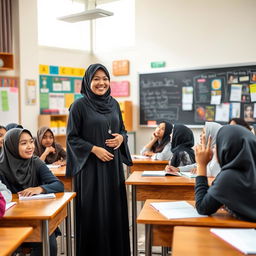 A Muslim teacher wearing elegant black clothing, such as a long black abaya, standing in a classroom filled with diverse high school girls attentively listening