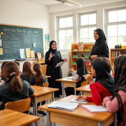A Muslim teacher wearing elegant black clothing, such as a long black abaya, standing in a classroom filled with diverse high school girls attentively listening