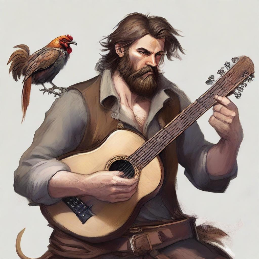 A high-quality illustration depicts a dirty vagrant bard in the midst of combat