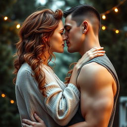 A beautiful romance book cover depicting a couple embracing with their faces close together, moments away from sharing a kiss under a serene backdrop of pine trees