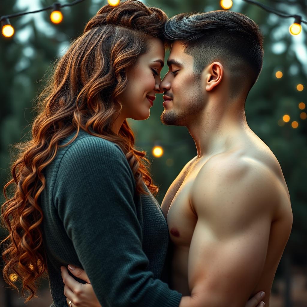 A beautiful romance book cover depicting a couple embracing with their faces close together, moments away from sharing a kiss under a serene backdrop of pine trees