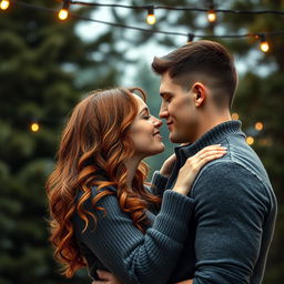 A beautiful romance book cover depicting a couple embracing with their faces close together, moments away from sharing a kiss under a serene backdrop of pine trees