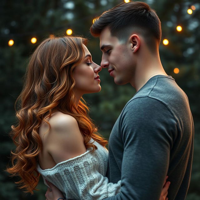 A beautiful romance book cover depicting a couple embracing with their faces close together, moments away from sharing a kiss under a serene backdrop of pine trees
