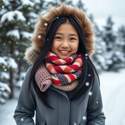 A beautiful young Asian girl standing in a snow-covered winter landscape, wearing a stylish winter coat with a fur-lined hood, colorful knitted scarf, and warm gloves