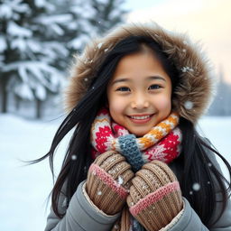 A beautiful young Asian girl standing in a snow-covered winter landscape, wearing a stylish winter coat with a fur-lined hood, colorful knitted scarf, and warm gloves