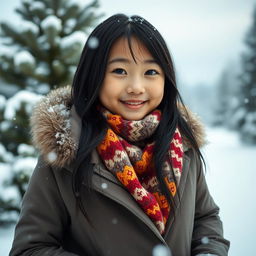 A beautiful young Asian girl standing in a snow-covered winter landscape, wearing a stylish winter coat with a fur-lined hood, colorful knitted scarf, and warm gloves