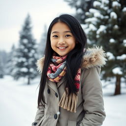 A beautiful young Asian girl standing in a snow-covered winter landscape, wearing a stylish winter coat with a fur-lined hood, colorful knitted scarf, and warm gloves