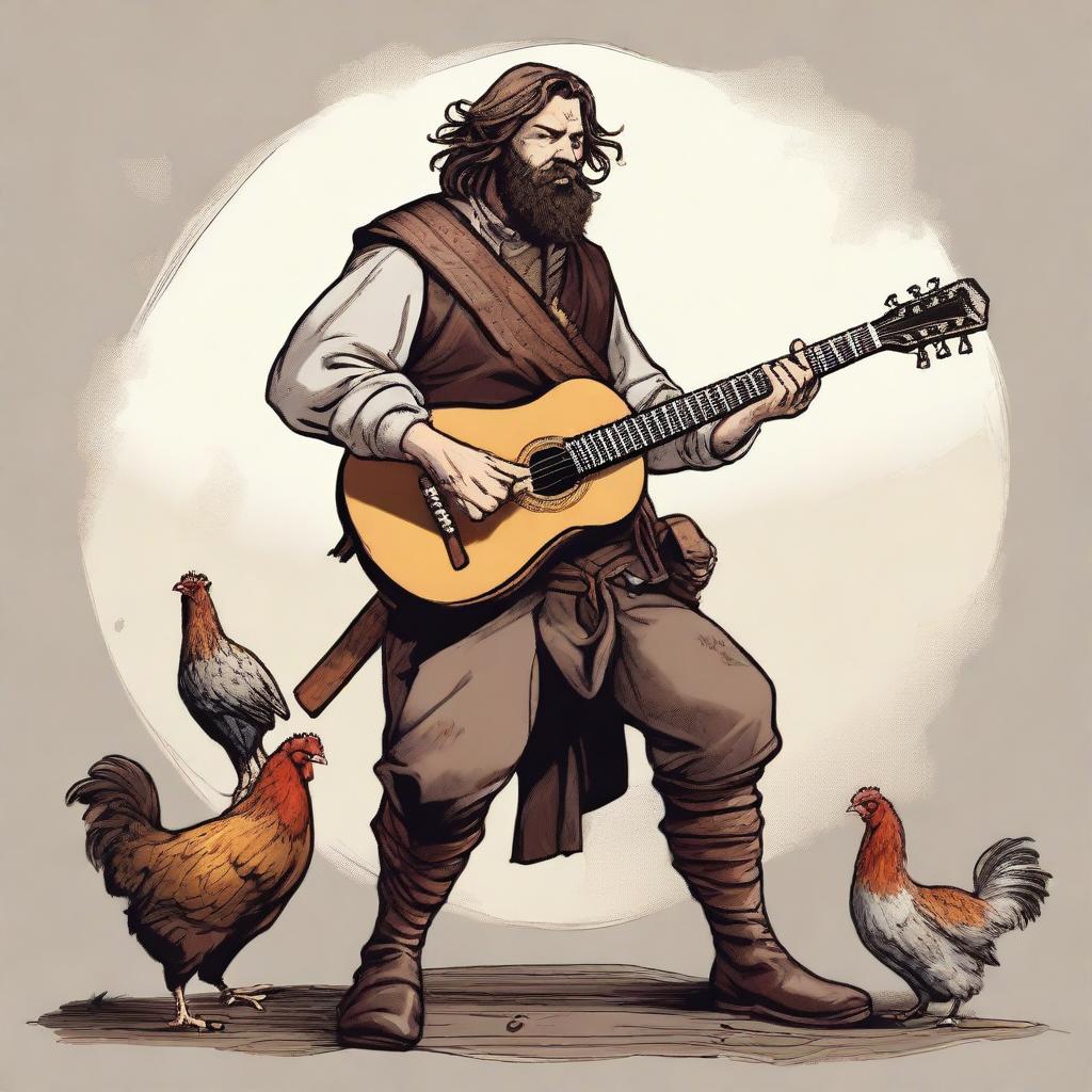 A high-quality illustration depicts a dirty vagrant bard in the midst of swordplay