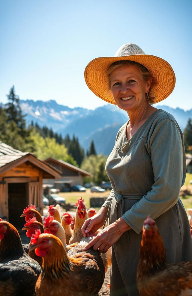 A middle-aged woman named Sally tending to her chickens in a picturesque rural mountain village