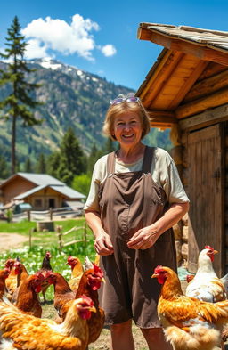 A middle-aged woman named Sally tending to her chickens in a picturesque rural mountain village