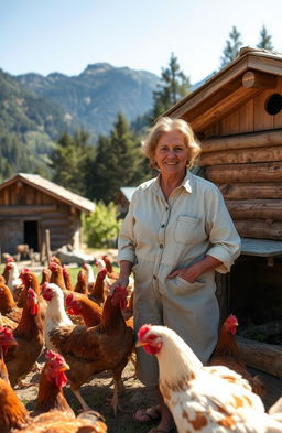A middle-aged woman named Sally tending to her chickens in a picturesque rural mountain village
